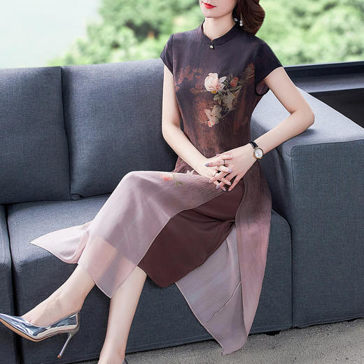 AHM-hfjr7122新款气质复古显瘦减龄渐变印花改良旗袍裙 商品图4