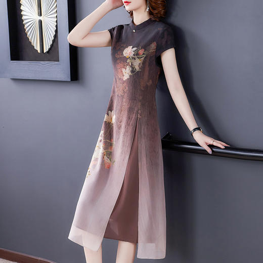 AHM-hfjr7122新款气质复古显瘦减龄渐变印花改良旗袍裙 商品图3
