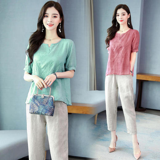 Q-YM2056A新品气质休闲，碎花文艺棉麻两件套 商品图2