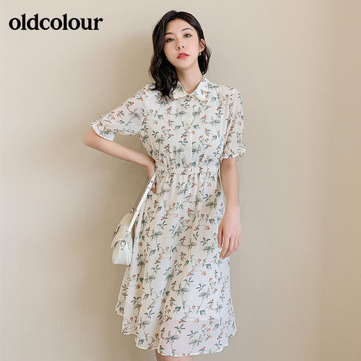 oldcolour夏季收腰显瘦松紧腰衬衫领碎花短袖雪纺气质连衣裙秋BM21101070 商品图2