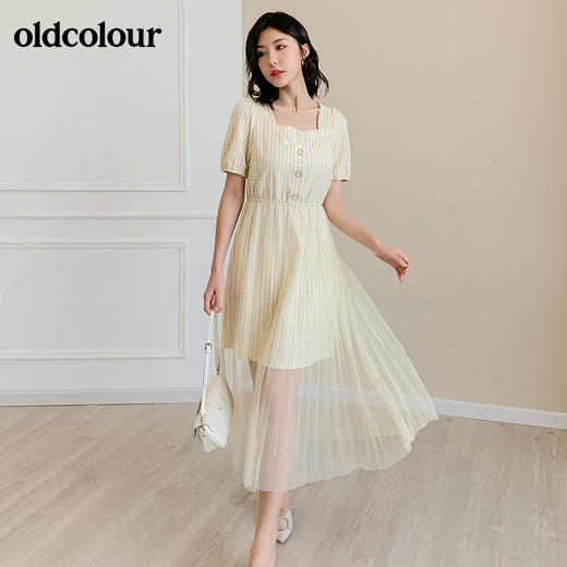 oldcolour小格子法式方领洋气通勤气质淑女长款网纱连衣裙女夏BM21101071 商品图1