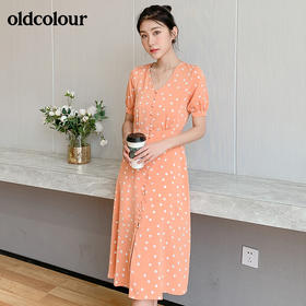 oldcolour法式小波点连衣裙女夏高腰显瘦V领气质复古连衣裙中长款BM21101067