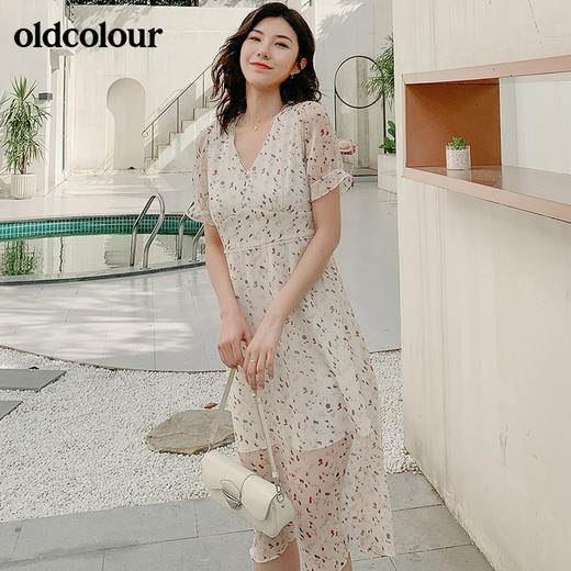 oldcolour夏季时尚V领小碎花短袖连衣裙BM21101075 商品图4