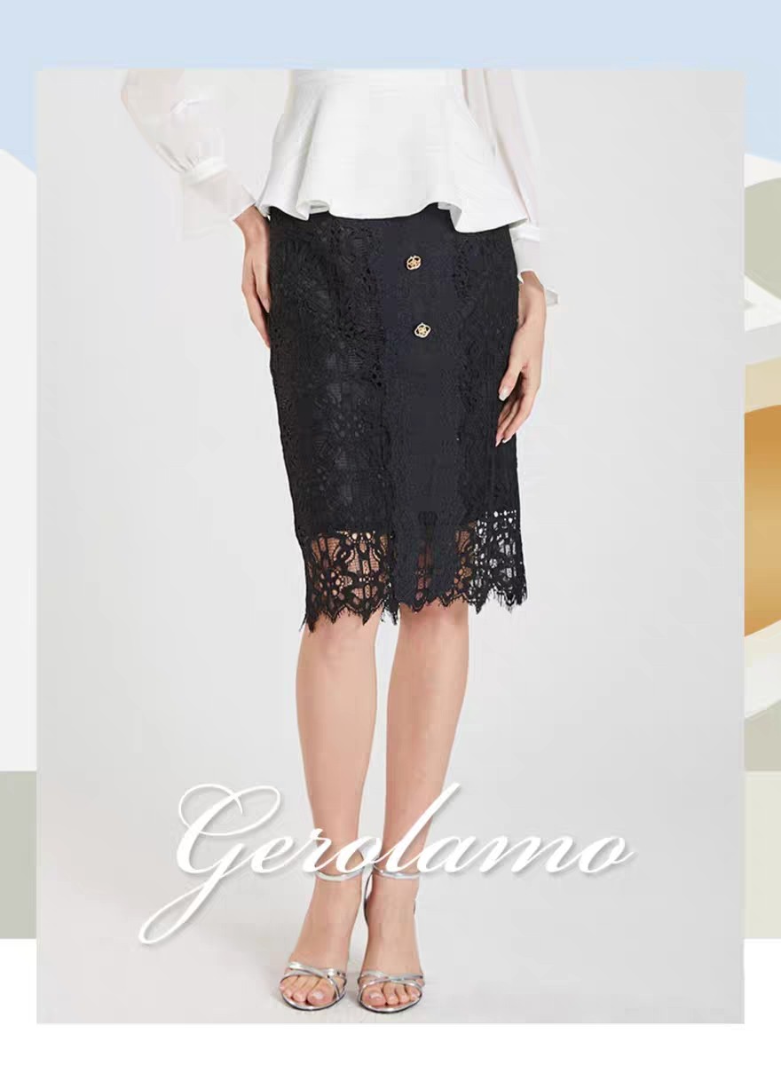 洁兰慕/gerolamo 法式复古排扣睫毛蕾丝包臀裙半身裙女glwha2302k