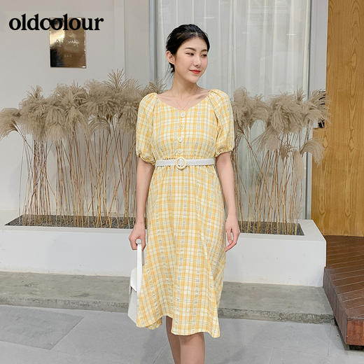 oldcolour文艺田园复古收腰显瘦格子连衣裙女夏泡泡袖气质露锁骨 商品图3