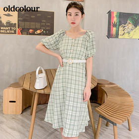 oldcolour文艺田园复古收腰显瘦格子连衣裙女夏泡泡袖气质露锁骨