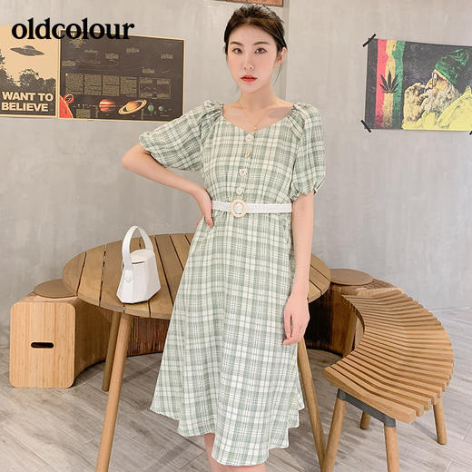 oldcolour文艺田园复古收腰显瘦格子连衣裙女夏泡泡袖气质露锁骨 商品图0