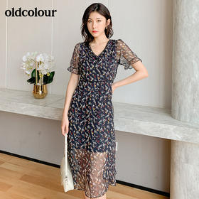 oldcolour夏季时尚V领小碎花短袖连衣裙BM21101075