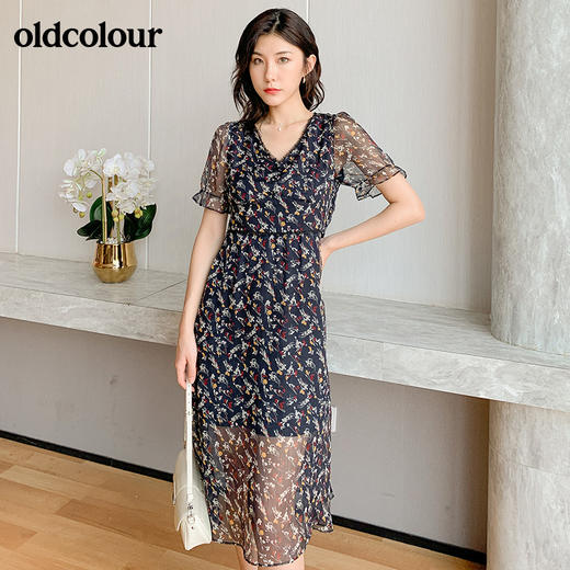 oldcolour夏季时尚V领小碎花短袖连衣裙BM21101075 商品图0