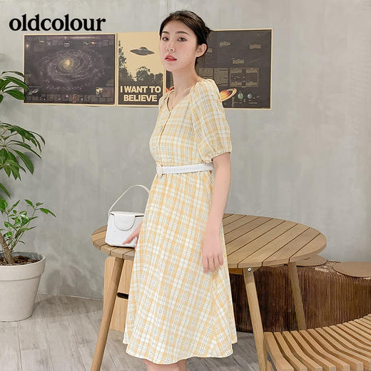 oldcolour文艺田园复古收腰显瘦格子连衣裙女夏泡泡袖气质露锁骨 商品图4