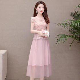 YW-JJ-FF8978新品气质优雅，蕾丝网纱拼接中长款连衣裙