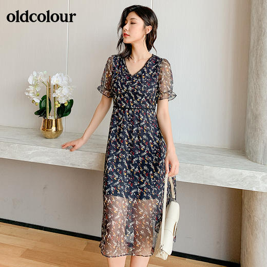 oldcolour夏季时尚V领小碎花短袖连衣裙BM21101075 商品图2