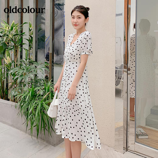 oldcolour法式小波点连衣裙女夏高腰显瘦V领气质复古连衣裙中长款BM21101067 商品图4