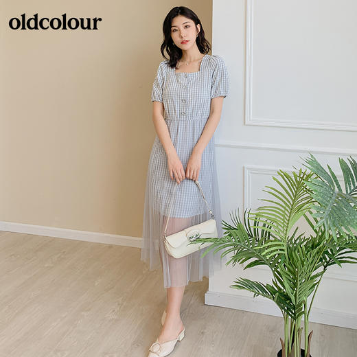 oldcolour小格子法式方领洋气通勤气质淑女长款网纱连衣裙女夏BM21101071 商品图3
