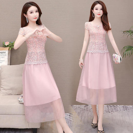 YW-JJ-FF8978新品气质优雅，蕾丝网纱拼接中长款连衣裙 商品图2