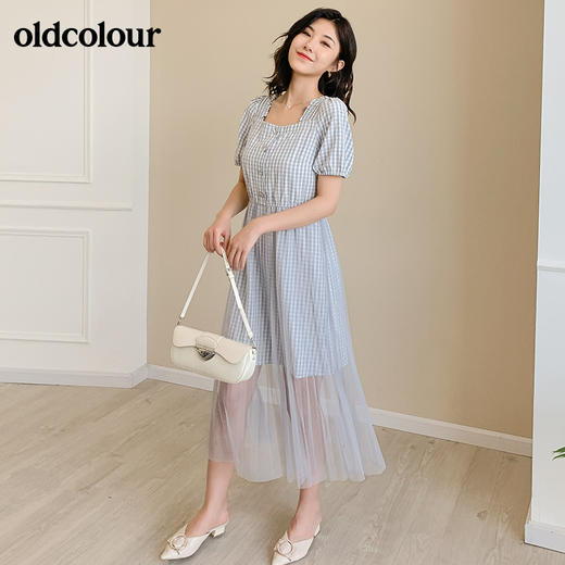 oldcolour小格子法式方领洋气通勤气质淑女长款网纱连衣裙女夏BM21101071 商品图4