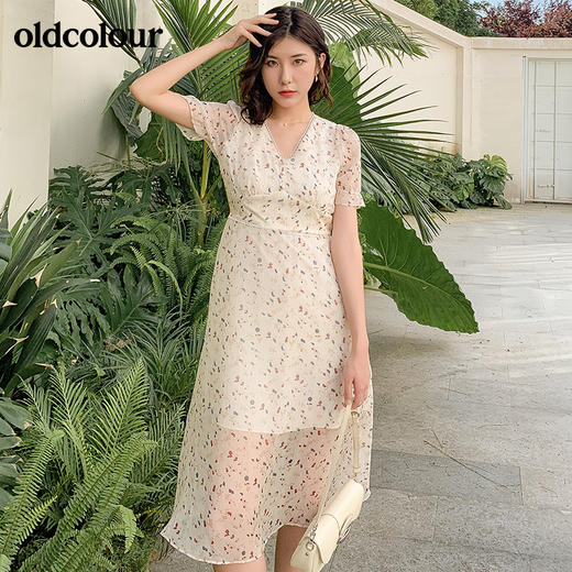 oldcolour夏季时尚V领小碎花短袖连衣裙BM21101075 商品图1