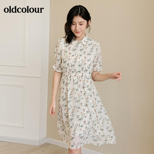 oldcolour夏季收腰显瘦松紧腰衬衫领碎花短袖雪纺气质连衣裙秋BM21101070 商品图4