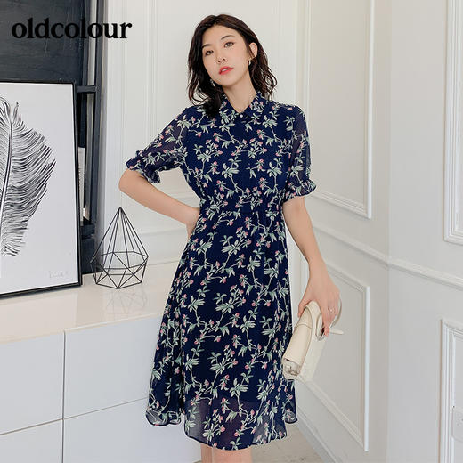 oldcolour夏季收腰显瘦松紧腰衬衫领碎花短袖雪纺气质连衣裙秋BM21101070 商品图3