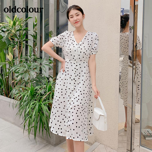 oldcolour法式小波点连衣裙女夏高腰显瘦V领气质复古连衣裙中长款BM21101067 商品图1