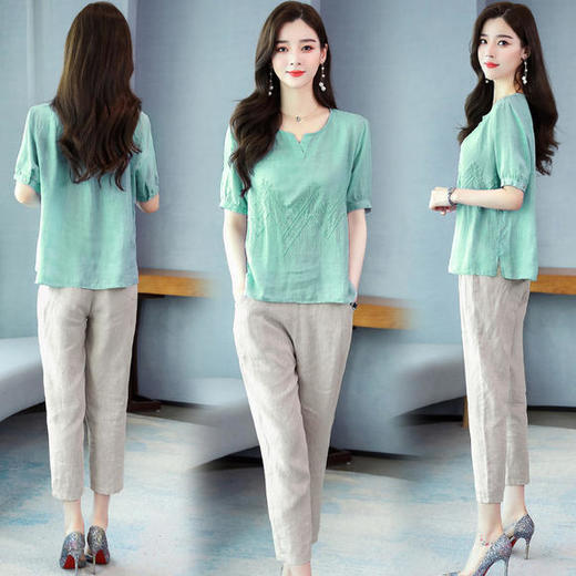 Q-YM2056A新品气质休闲，碎花文艺棉麻两件套 商品图0