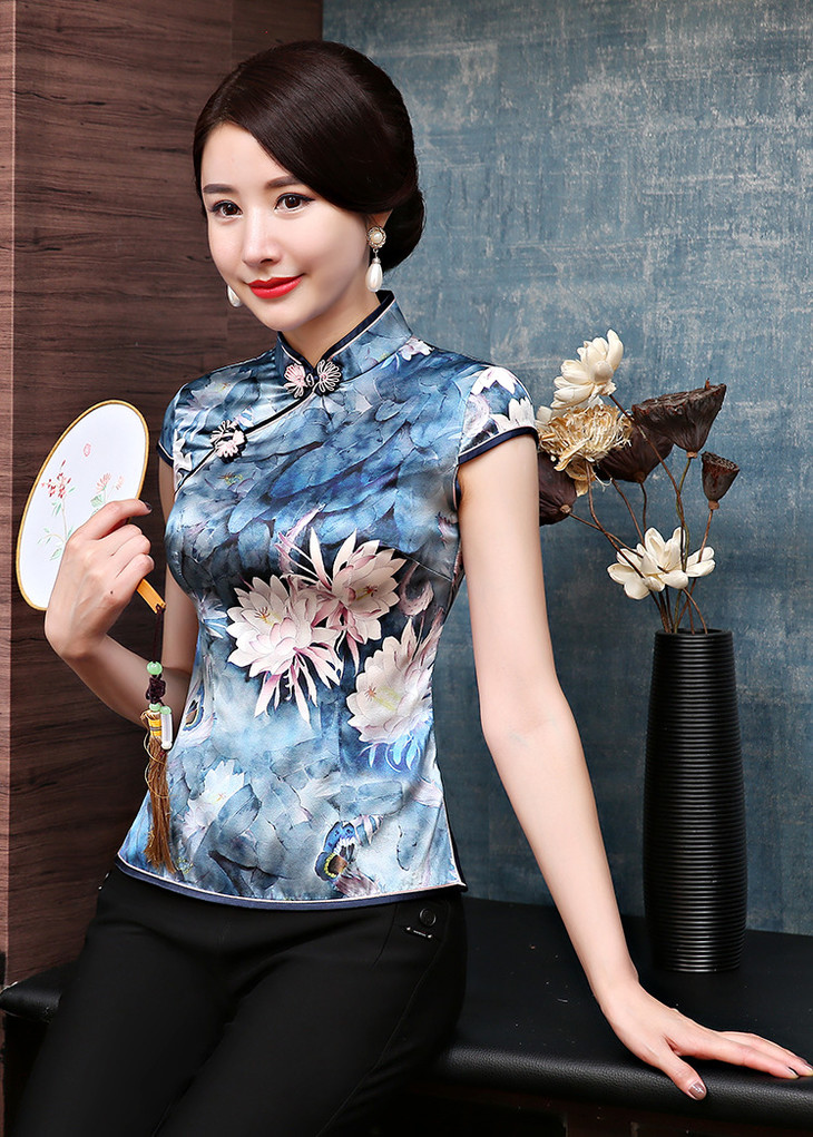 an-51603夏季复古中国风真丝印花旗袍上衣