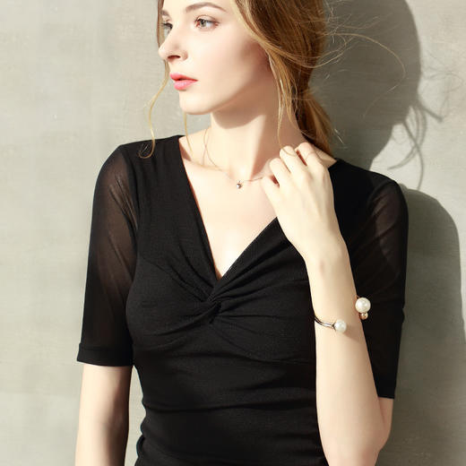 DY-AL27215交叉V领打底衫2020纯色短袖t桖网纱上衣 商品图0