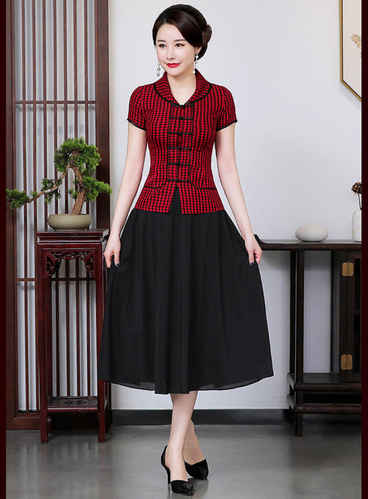 HH-2090千鸟格短袖旗袍民族风日常妈妈装 商品图3