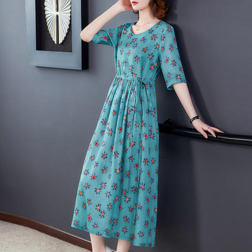 XFFS-2128小雏菊纯苎麻连衣裙  高端新款印花大摆裙 商品图1