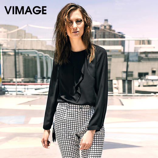 VIMAGE纬漫纪女上衣宽松百搭白色圆领长袖雪纺衫女V309095 商品图1