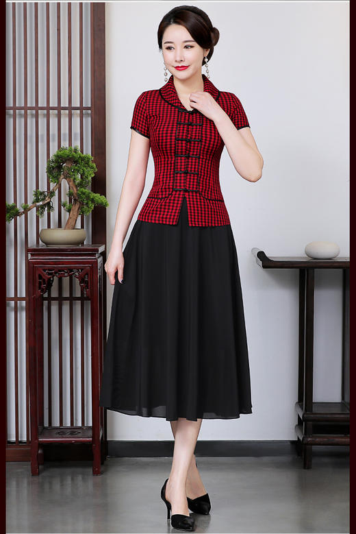 HH-2090千鸟格短袖旗袍民族风日常妈妈装 商品图2