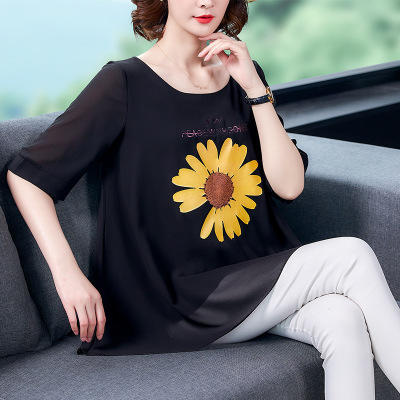 KQL540T3950雪纺衫女短袖小雏菊印花T上衣 商品图0