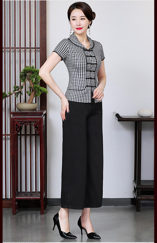 HH-2090千鸟格短袖旗袍民族风日常妈妈装 商品图4