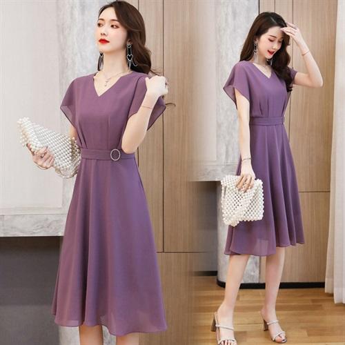 时尚气质，V领中长款纯色收腰连衣裙HR-RT959 商品图3