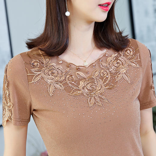 ZZ-DC8001爆款短袖t恤上衣 绣花亮丝洋气小衫纱衣 商品图2