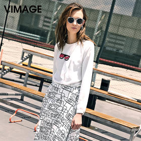 VIMAGE纬漫纪女上衣宽松百搭白色圆领长袖雪纺衫女V309095