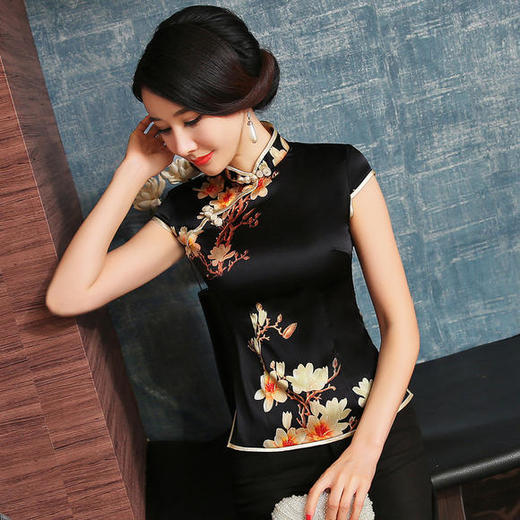 AN-32809新款复古优雅桑蚕丝印花唐装上衣 商品图1
