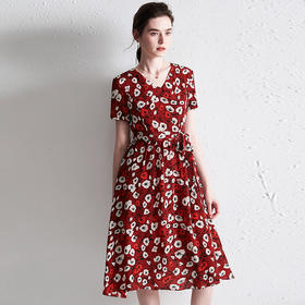 FSZ  19007真丝连衣裙红色碎花v领修身显瘦桑蚕丝