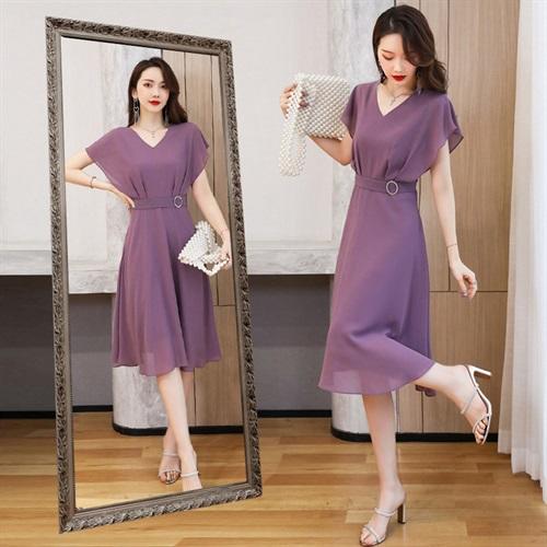 时尚气质，V领中长款纯色收腰连衣裙HR-RT959 商品图1