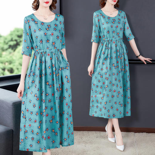 XFFS-2128小雏菊纯苎麻连衣裙  高端新款印花大摆裙 商品图0
