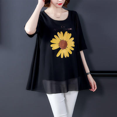 KQL540T3950雪纺衫女短袖小雏菊印花T上衣 商品图4