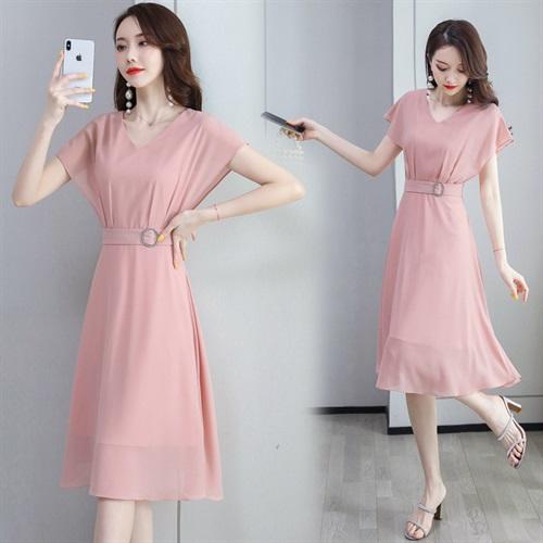 时尚气质，V领中长款纯色收腰连衣裙HR-RT959 商品图0