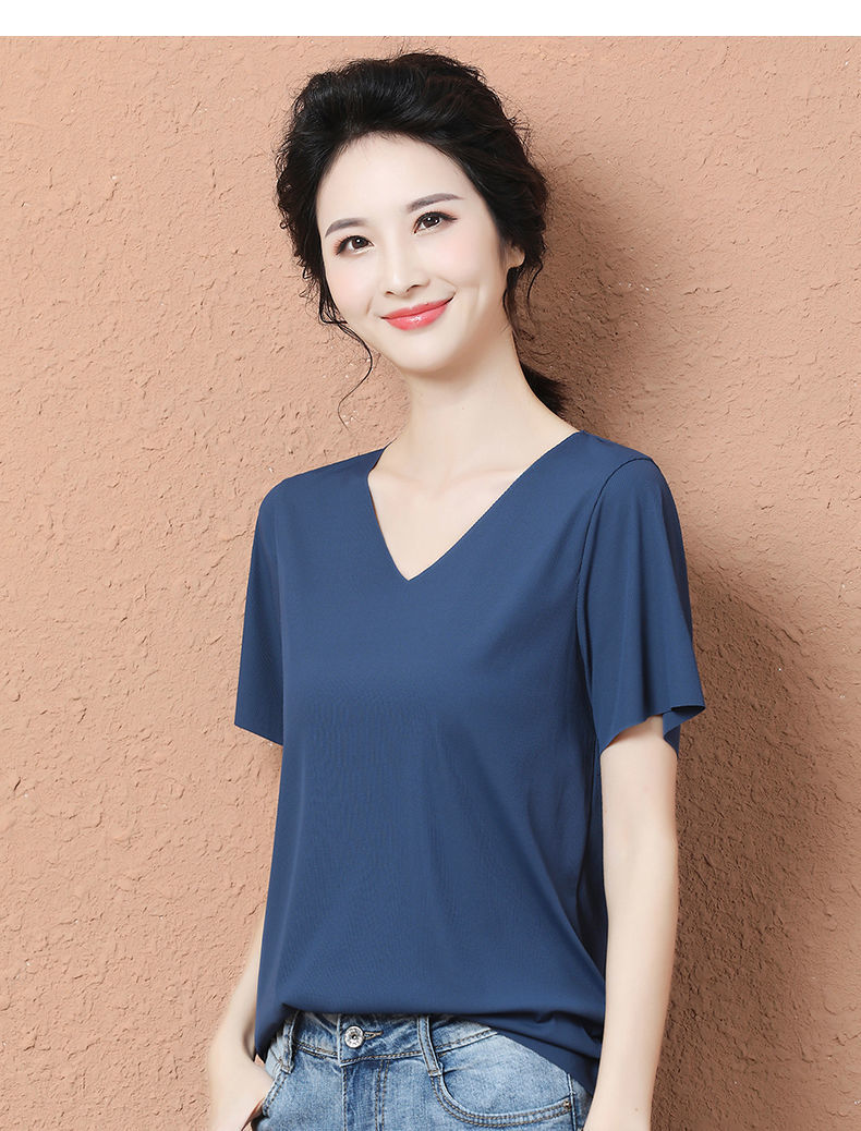 冰丝t恤女短袖修身夏季女装2020年新款纯色体恤v领上衣打底衫t桖