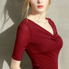 DY-AL27215交叉V领打底衫2020纯色短袖t桖网纱上衣 商品缩略图2