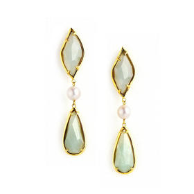 天然翡翠菱形水滴 日本akoya海水珍珠耳飾 TRACEY CHEN