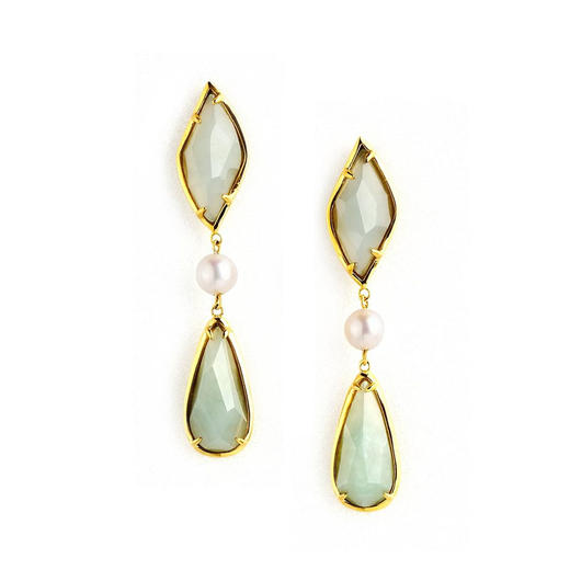 天然翡翠菱形水滴 日本akoya海水珍珠耳飾 TRACEY CHEN 商品图0