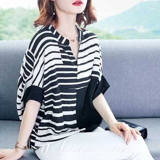 NYL-432505欧洲站 宽松不规则条纹t恤胖mm百搭棉麻时尚小衫 商品图0