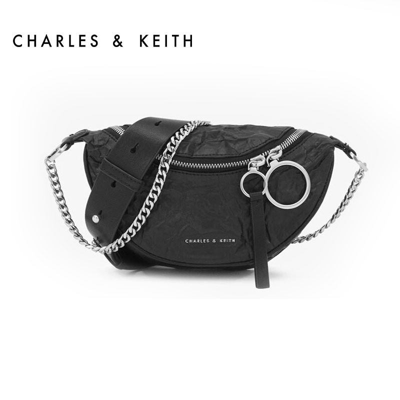 CHARLES&KEITH 小CK 圆环饰褶皱腰包黑色CK2-80150844BJPY带授权招加盟代理