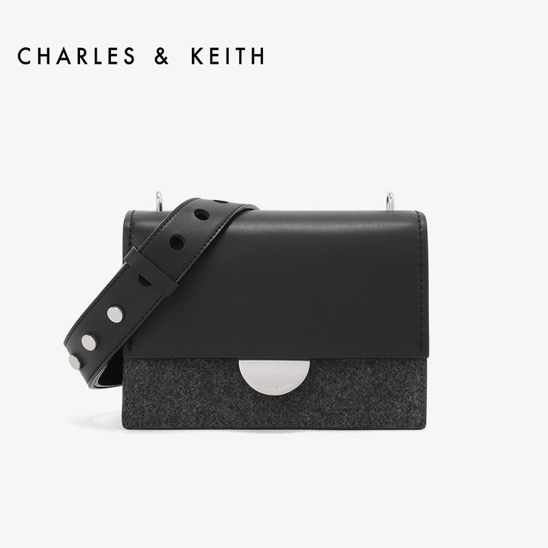 CHARLES&KEITH 女士黑色锁扣设计宽肩带小方单肩包CK2-80670875BJPY带授权招加盟代理