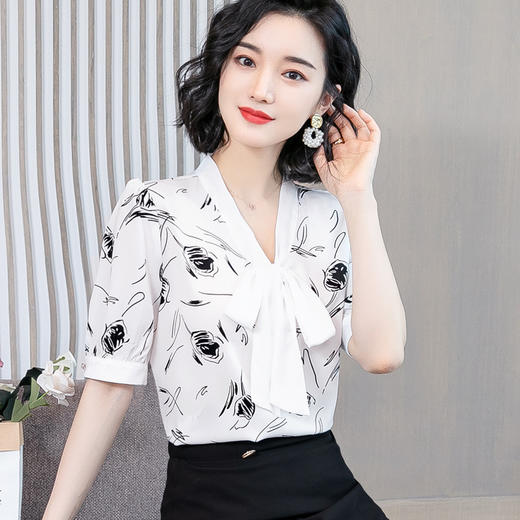 NYL-401019新款洋气短袖V领蝴蝶结大码雪纺衬衫 商品图0